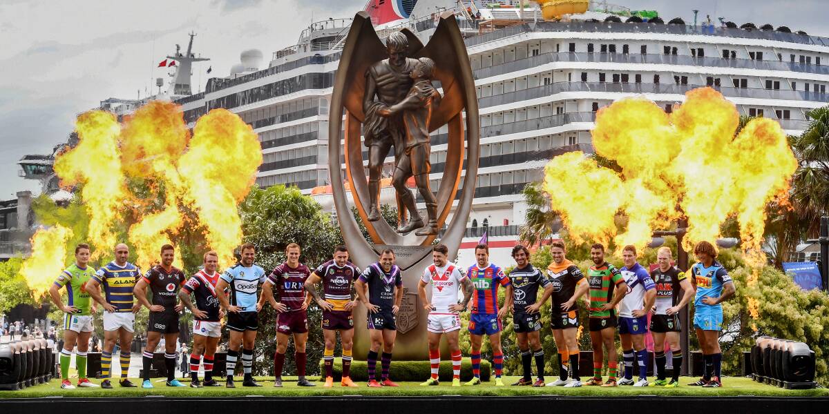 The 16 NRL club captains at the recent 2018 season launch. Photo: AAP