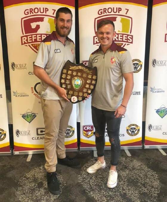 Joint winners Ryan Micallef and Bailey Warren with their Chris Treneman Referees' Referee Award. Photo: Supplied