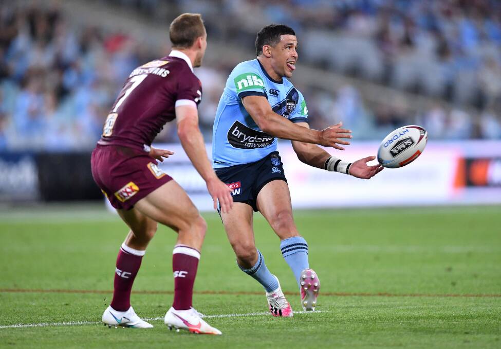 Nowra-born Cody Walker makes a pass during game two of the 2020 State of Origin series. Photo: Gregg Porteous/NRL Imagery