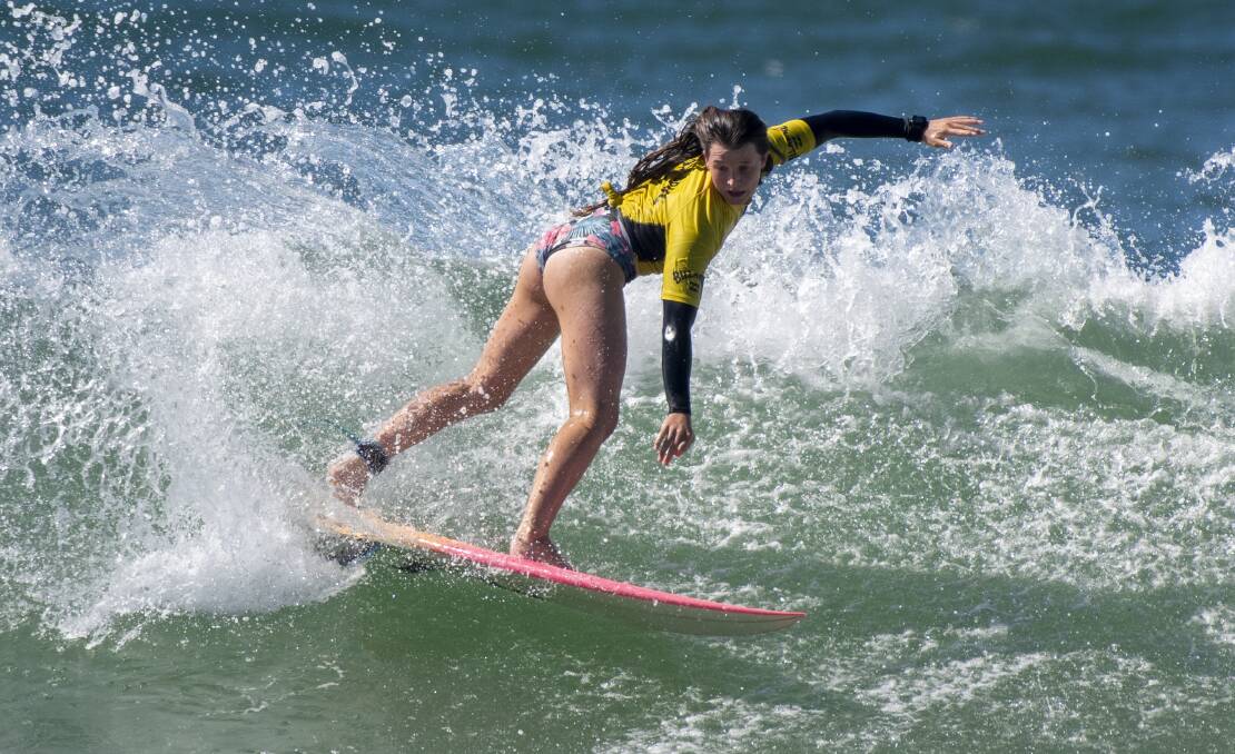 Gerringong's Holly Wishart surfs at Coffs Harbour during the 2021 Billabong Oz Grom Cup. Photo: Surfing NSW/Smith