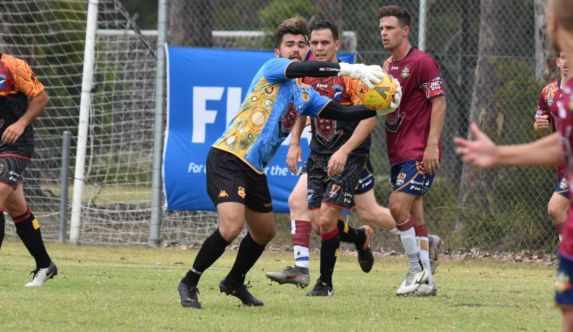 Tom Matthews in action for the Northern Nations FC during the 2019 National Indigenous Football Championships. Photo: JAKKI HAYDOCK
