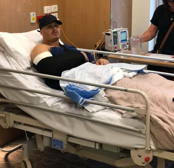 Jesse Dee in hospital after injuring his right bicep. Photo: SUPPLIED