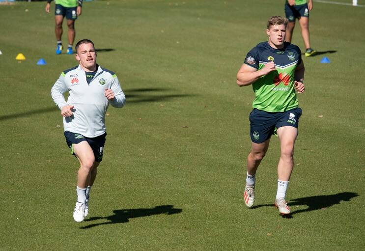 Canberra Tom Starling and Jack Murchie at training this week. Photo: Raiders Media