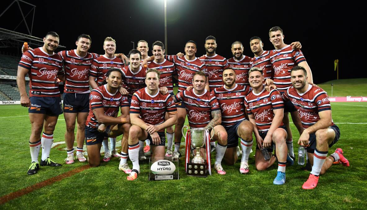 Albion Park-Oak Flats' Drew Hutchison (back row, third from left) and his Roosters side after the win on Thursday. Photo: NRL Imagery