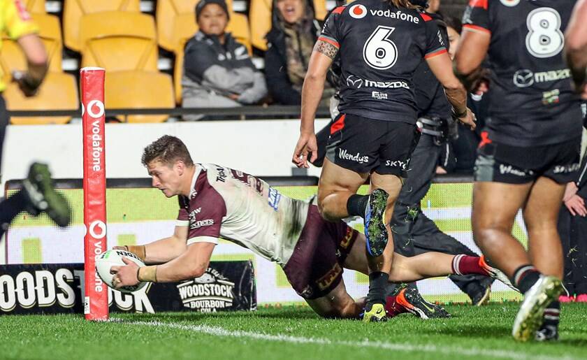 Rebuen Garrick scores a try for Manly during the 2019 NRL season. Photo: SEA EAGLES MEDIA