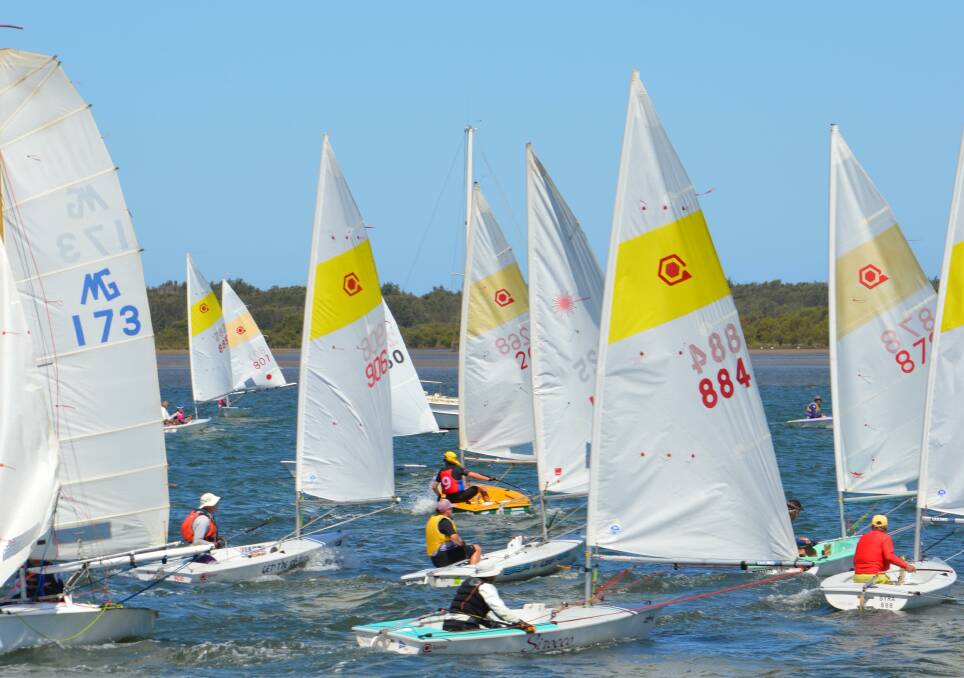 Heading home: The restart at Shoalhaven Heads for the run back to Nowra in Nowra Community Sailing Club's annual marathon on Sunday. Photo: Matthew Norris