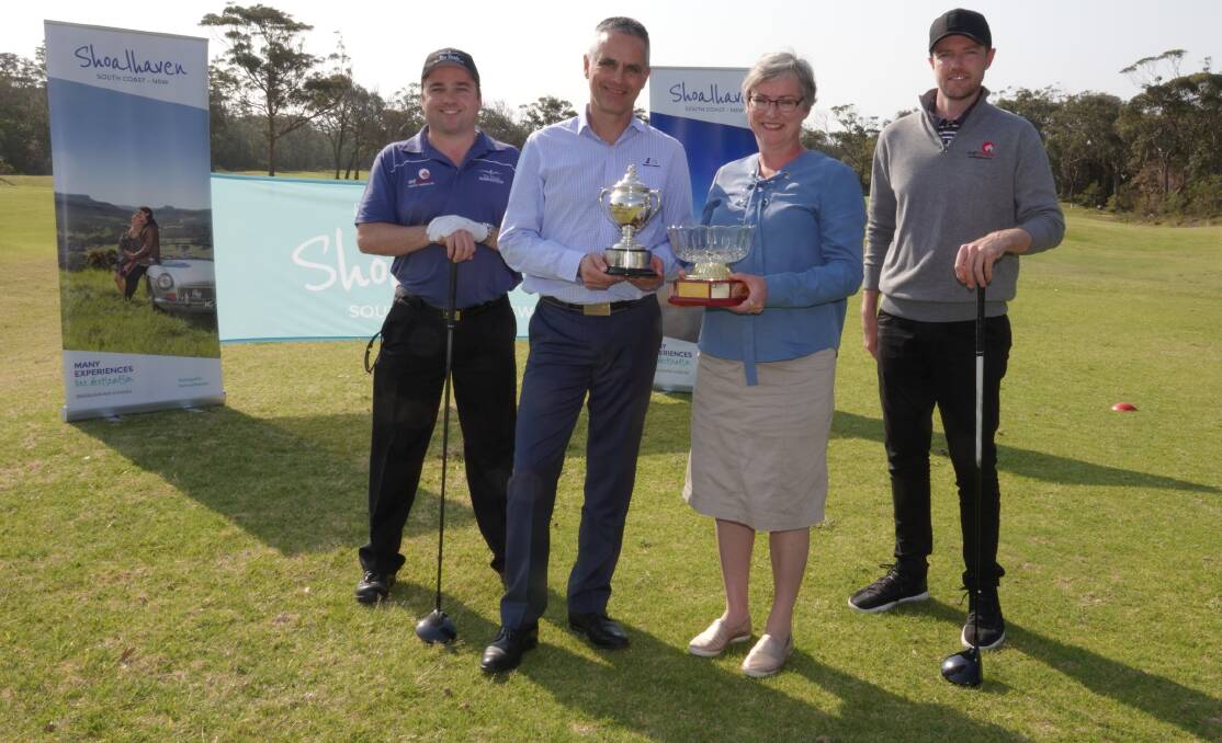 Mark Johnston, Club Champion at the Heads, Graeme Phillipson of Golf NSW, Shoalhaven City Council Mayor Amanda Findley, and Danny Nesbitt of the Links Shell Cove at the event launch. Photo: DAVID TEASE