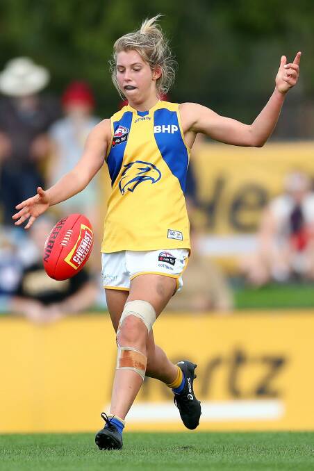 AFL South Coast product Maddy Collier sets herself for a kick for West Coast last season. Photo: Eagles Media