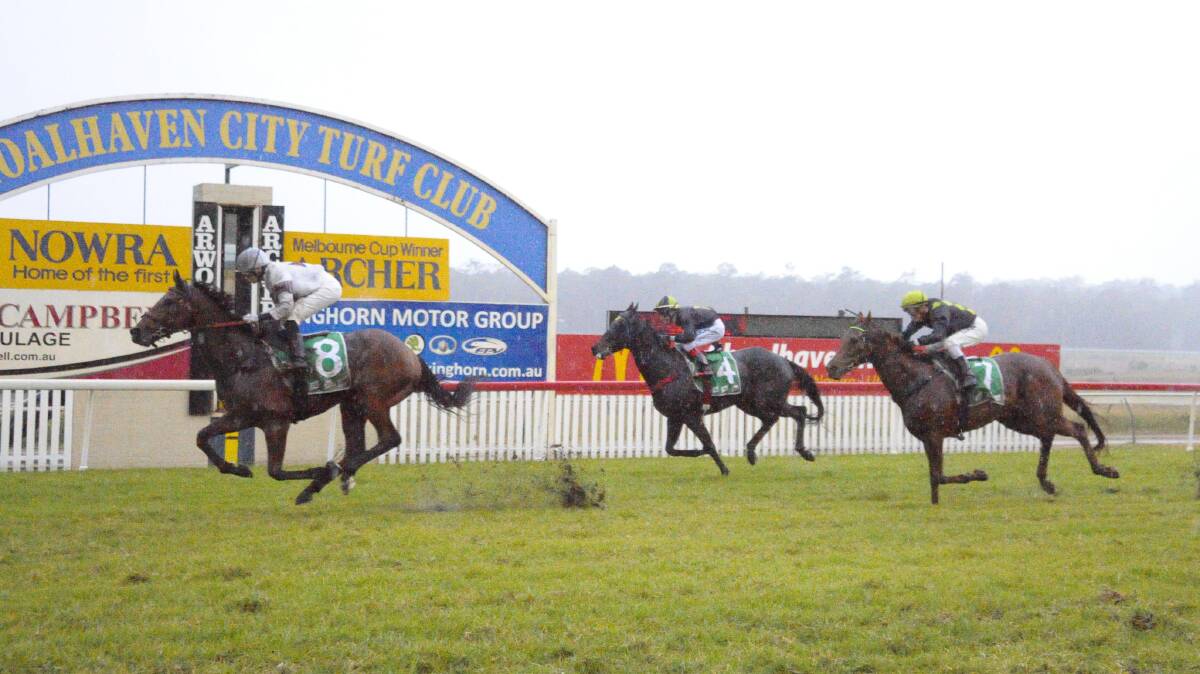 MUD RUNNER: Mohican, ridden by Kathy O’Hara, takes out the Kel Campbell Fuel Haulage benchmark 55 handicap at Shoalhaven City Turf Club. Photo: bradleyphotos.com.au