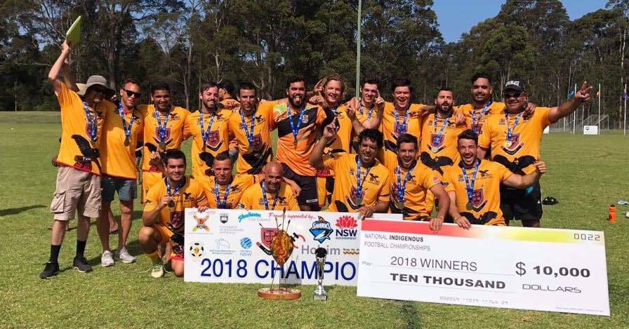 CHAMPIONS: The Yuin Black Cockatoos celebrate after their win in the open men's final, defeating the Wirrigas United for the title. Photo: SUPPLIED