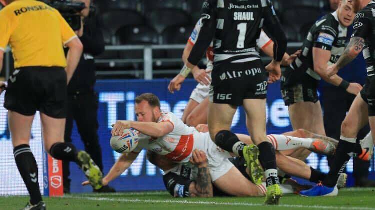 Hull Kingston Rovers' Adam Quinlan scores against Hull FC. Photo: ROVERS MEDIA