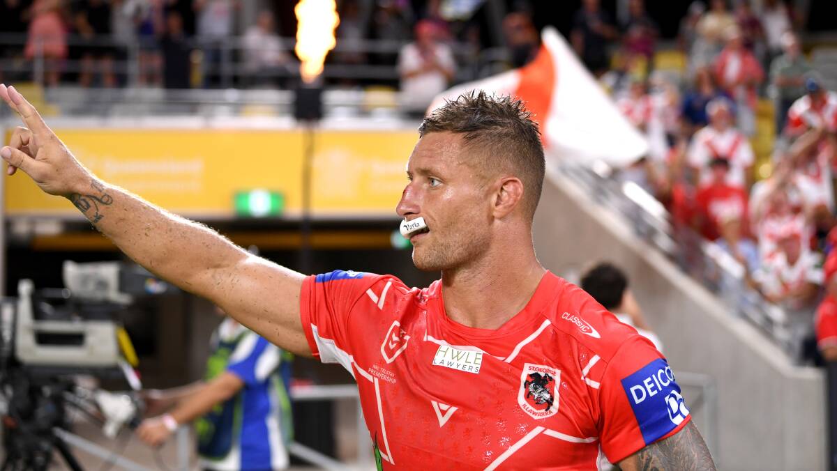 Dragons' Tariq Sims salutes the crowd in Townsville on Saturday. Photo: NRL Imagery/Scott Davis