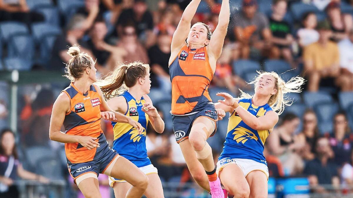 West Coast's Maddy Collier attempts to go for a spoil during Sunday's clash with GWS. Photo: AFL Photos