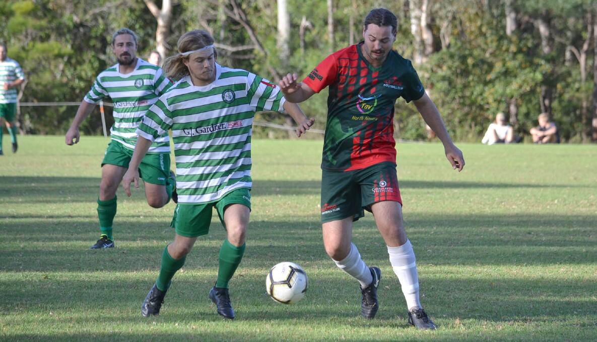 Huskisson-Vincentia's Jayden Lee and Illaroo's Angus Hoskins battle for possession in 2019. Photo: DAMIAN McGILL