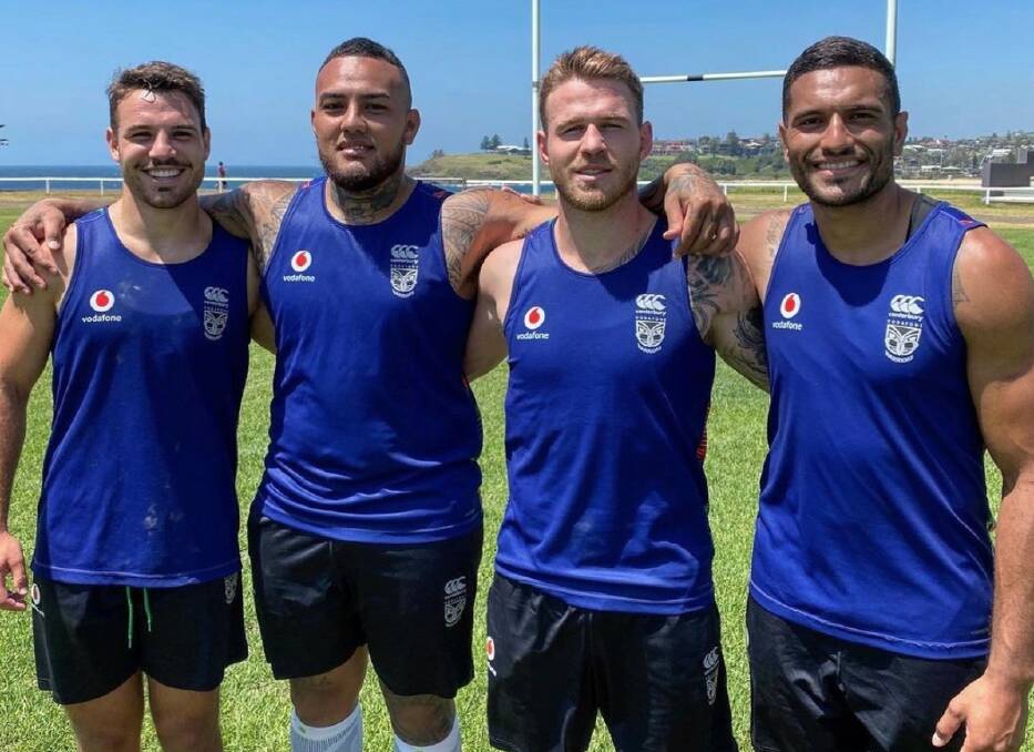 New Zealand recruits Sean O'Sullivan, Addin Fonua-Blake, Euan Aitken and Marcelo Montoya at team training session in Kiama. Photo: Warriors Media