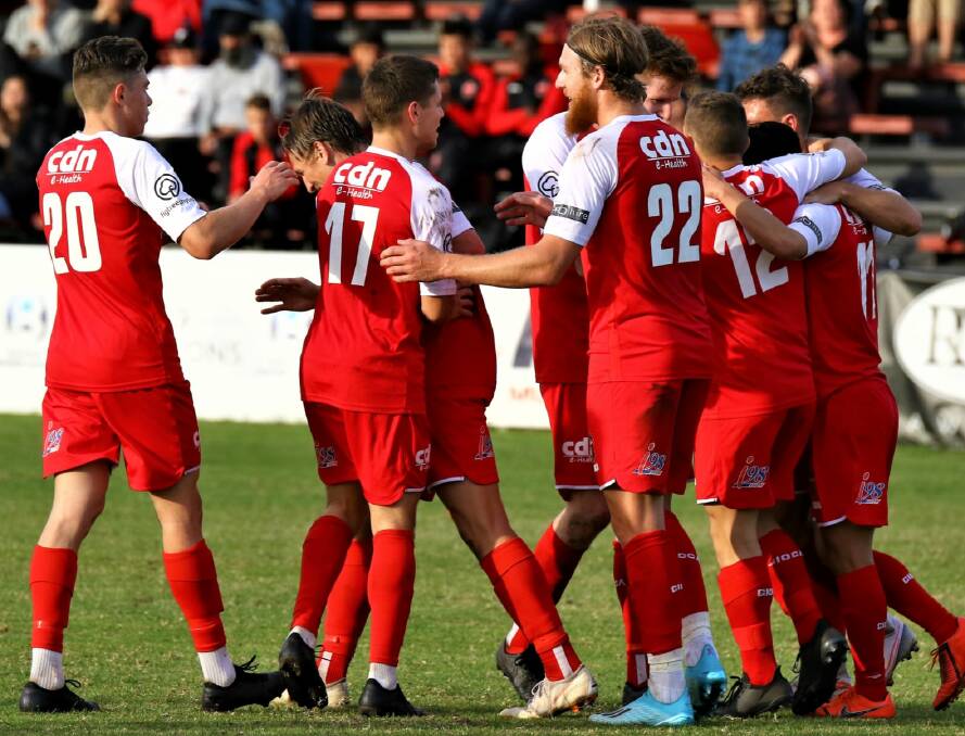 The Wollongong Wolves celebrate a goal during a recent match. Photo: Pedro Garcia Photography
