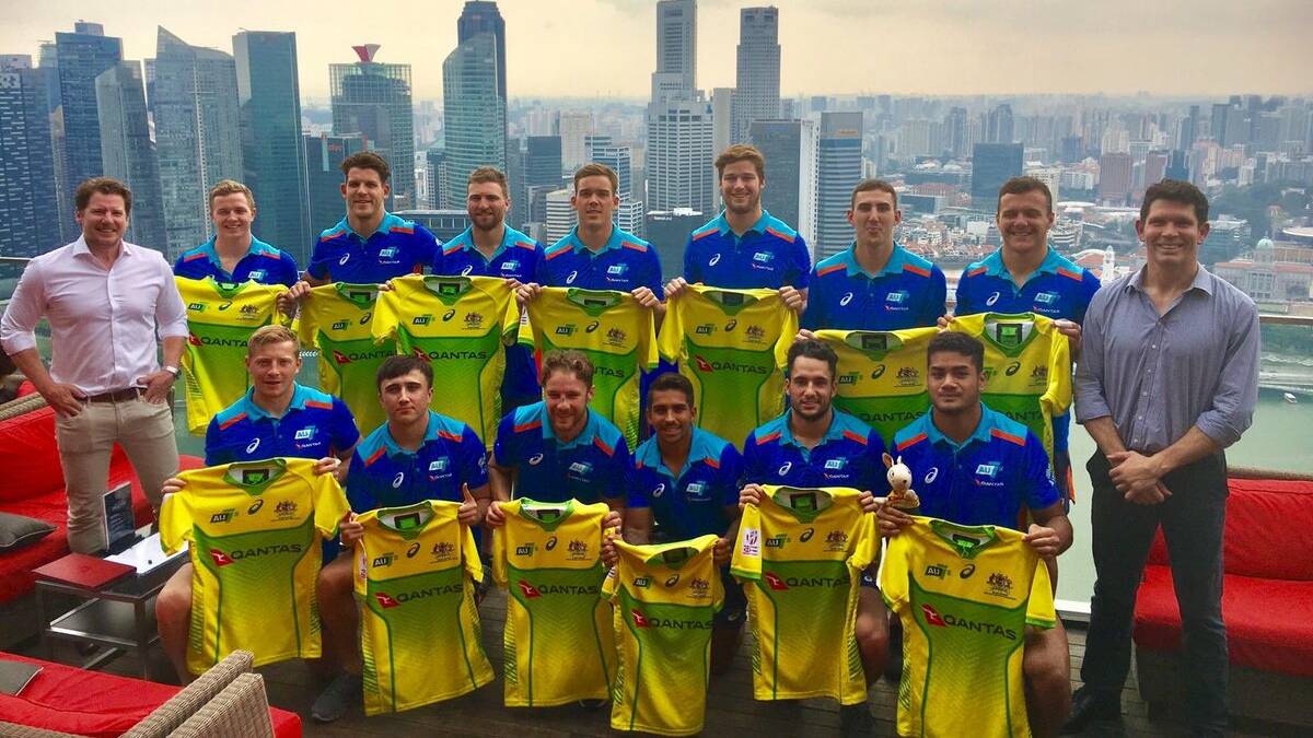 Tom Connor (front row, third from left) and his Australian team at their Singapore Sevens jersey presentation. Photo: AU 7s