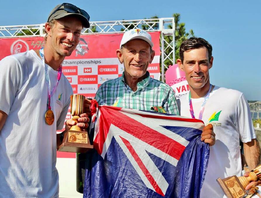 Will Ryan and Mat Belcher after securing a fifth world title at the 470 Olympic Sailing World Championship at Enoshima. Photo: Bulkhead Photography