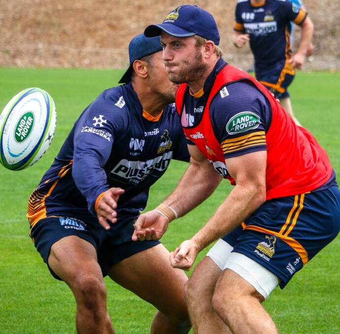 Will Miller gets a pass away during a recent ACT training session. Photo: BRUMBIES MEDIA