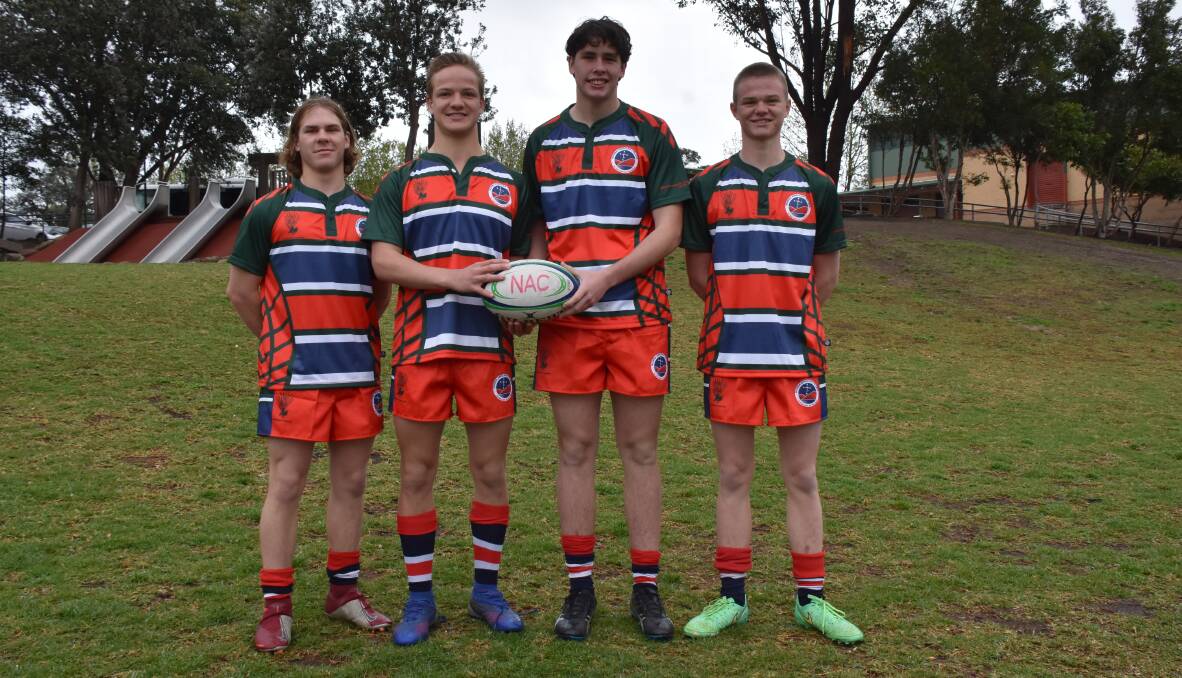 Nowra Anglican College's Angus Ellem, Ethan Mosley, Aidan Wearne and Cooper Jessep in their Shoalhaven Barbarians playing kits. Photo: COURTNEY WARD