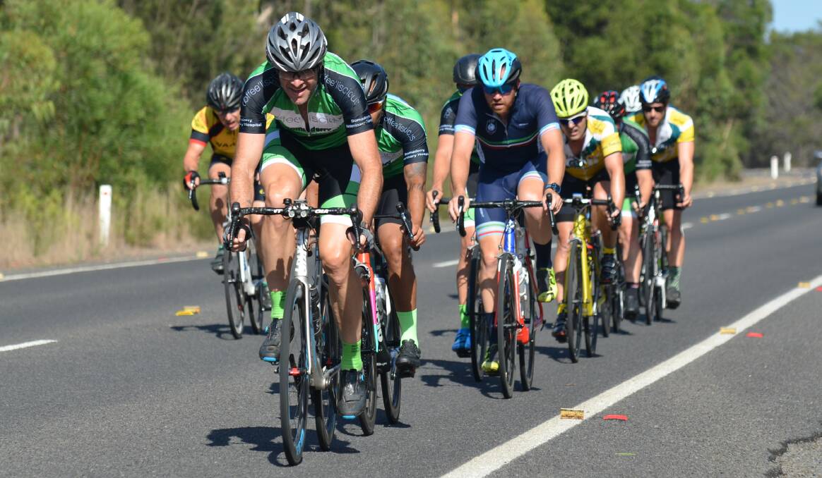 On the road again: Mark Astley leads from Brando Carre and Harry Mackay in last Sunday's 42-kilometre handicap event on Braidwood Road.