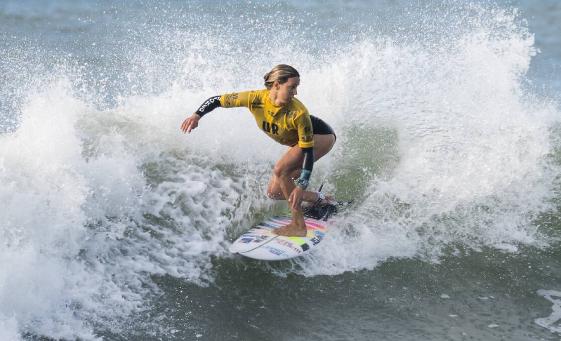 Sally Fitzgibbons on route to victory in round three of the women's draw at the UR ISA World Surfing Games in Japan. Photo: Blainey Woodham/Surfing Australia