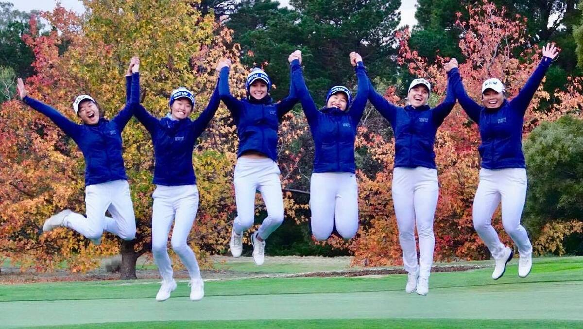 Kelsey Bennett (third from left) and her NSW women's team. Photo: DAVID TEASE/GOLF NSW