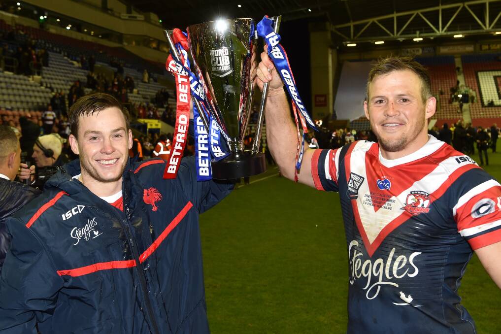 Roosters' Luke Keary and Brett Morris after winning the World Club Challenge recently. Photo: Grant Trouville/NRL Photos