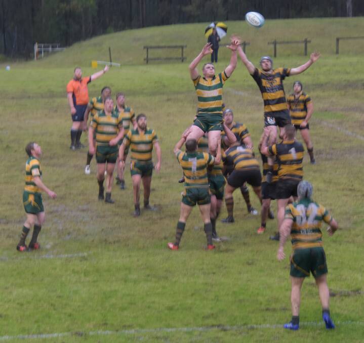 Shoalhaven's Ross Dunlop goes up for a line-out contest against Camden at Rugby Park on Saturday. Photo: Courtney Ward