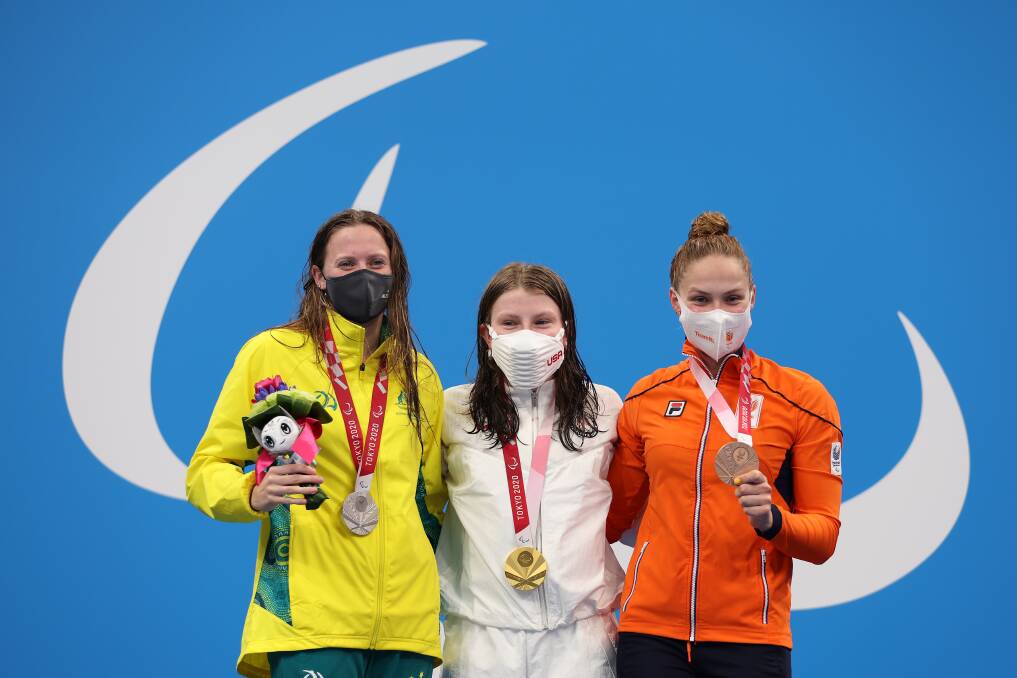 Silver medallist Jasmine Greenwood with United States' Mikaela Jenkins and the Netherlands' Chantalle Zijderveld. Photo: Lintao Zhang