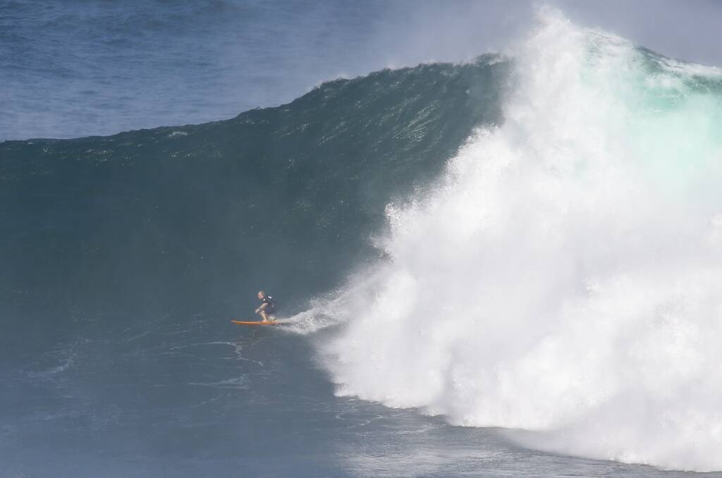 Ulladulla's Russell Bierke competes during the Jaws Challenge. Photo: WSL/MORRIS