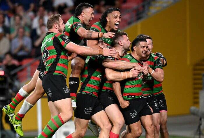Nowra-born Cody Walker and his South Sydney teammates celebrate a try on Friday. Photo: Rabbitohs Media