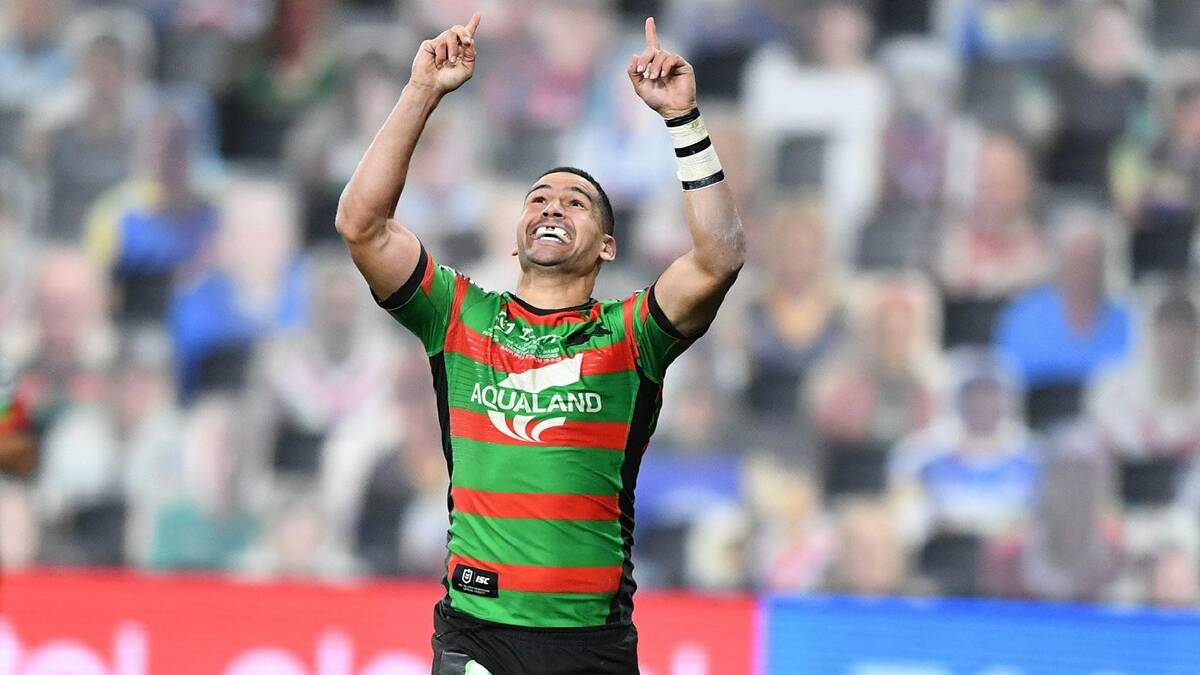 Cody Walker celebrates after scoring a try in Friday's win against the Warriors. Photo: Rabbitohs Media