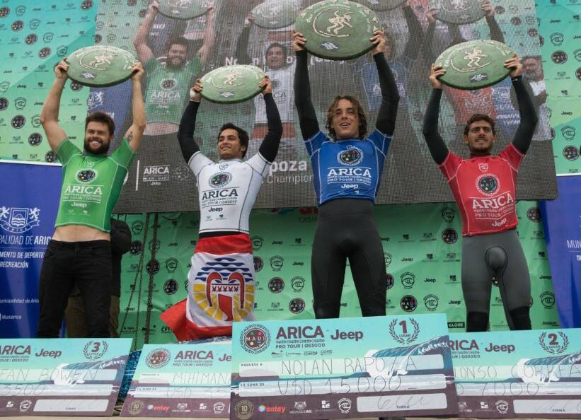 Dean Bowen, Mihimana Braye, Nolan Rapoza and Alonso Correa on the podium in Chile. Photo: WSL/NICOLAZ DIAZ