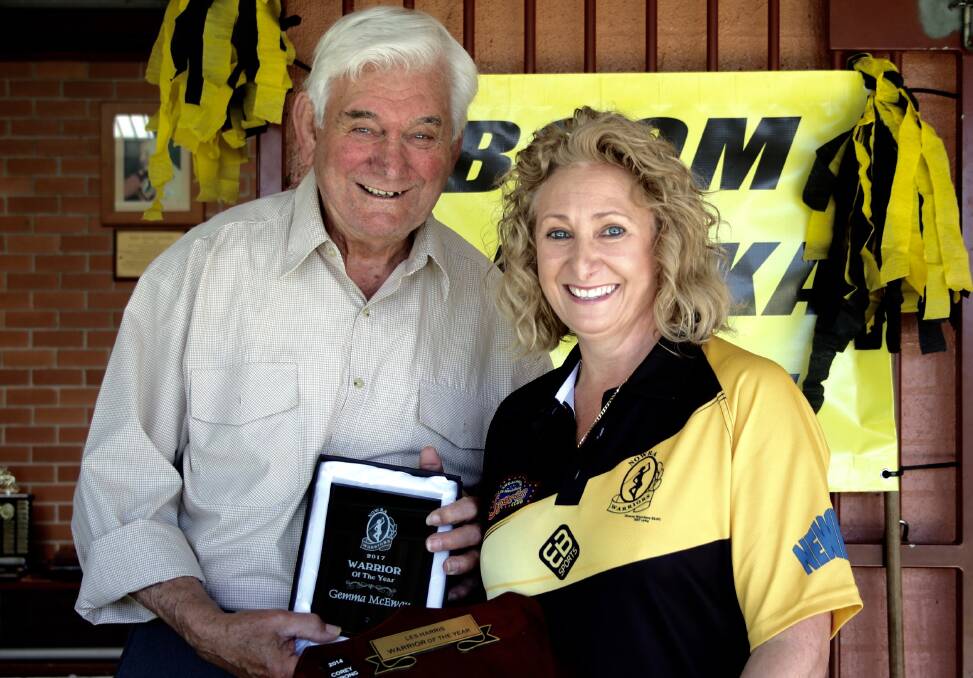 Club stalwart: Warrior of the Year Gemma McEwan pictured with Life Member Les Harris. 