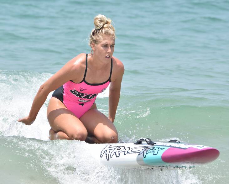 Kirsty Higgison competes on the board the 2019 Nutri-Grain ironperson series. Photo: Surf Lifesaving Australia