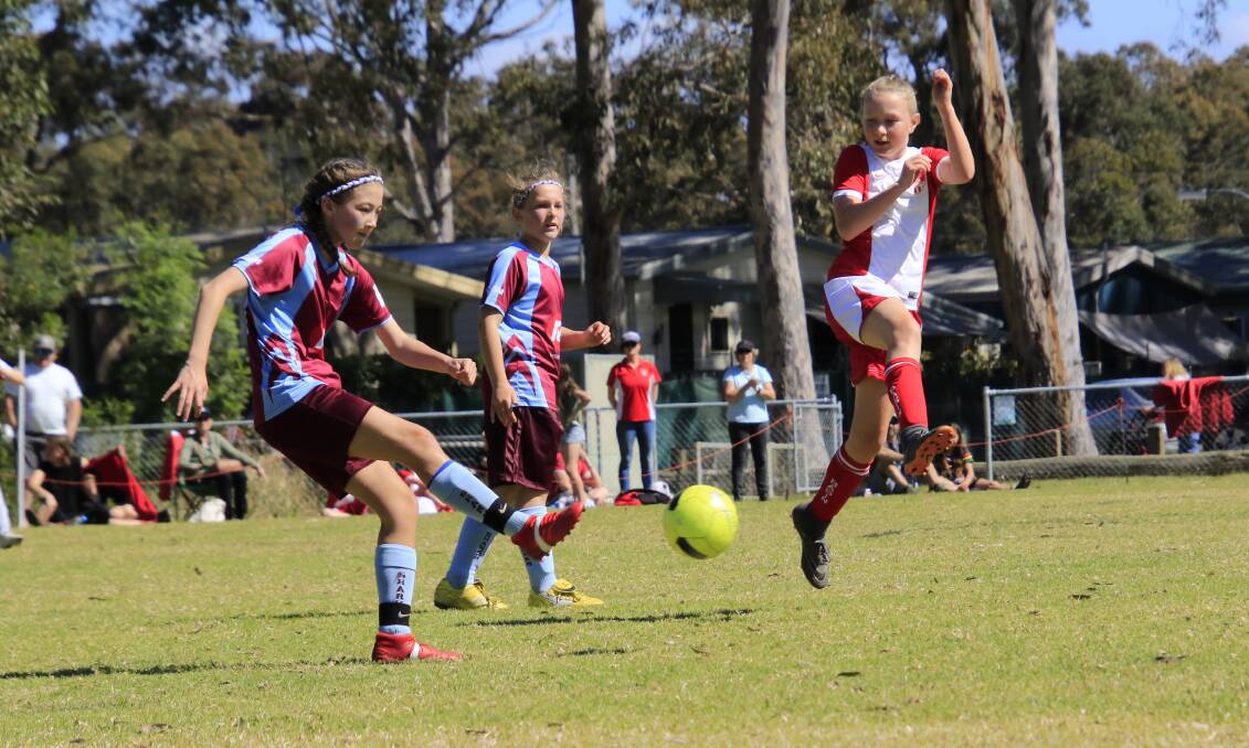 St Georges Basin under 12s player Tia Kingma defends against Shoalhaven Heads-Berry. Photo: Tamara Lee
