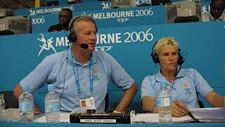 Phil Lynch commentates at the 2006 Melbourne Commonwealth Games with Michelle Timms. Photo: SUUPLIED