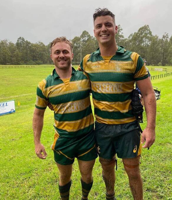 Shoals' Tom Hill and Michael Dun after Saturday's wet first grade match at Rugby Park. Photo: Supplied