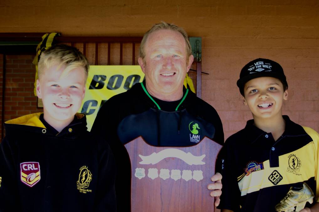 Shared award: Grant Morris Memorial Trophy winners Bailey Soper and Paul Little pictured with Bobbie Morris.