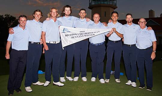 Jake Reay (second from left) and his NSW Golf Club side celebrate winning the division one Sydney pennants flag. Photo: Anthony Powter