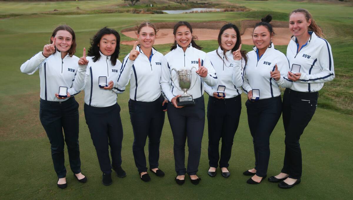 The winning NSW Women’s team of Darcy Habgood, Sophie Yip, Stephanie Kyriacou, Amy Chu (captain), Claudia Lim (manager), Doey Choi and Kelsey Bennett. Photo: DAVID TEASE | GOLF NSW