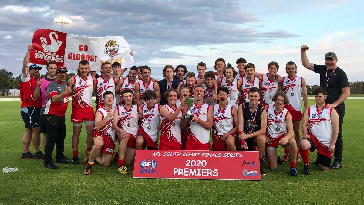 The under 17s Shellharbour Swans/Bomaderry Tigers team after their victory. Photo: AFLSC