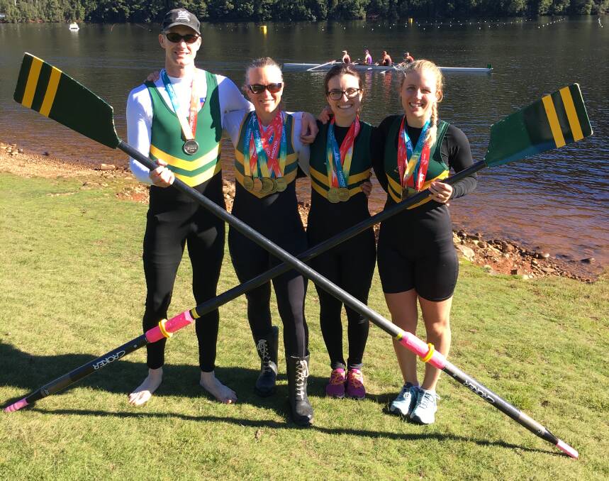 REPRESENTING SHOALHAVEN: At the Australian Masters Rowing Championships were Dwain Boon, Katrina Ward, Kate Brumersky and Peta Rak.