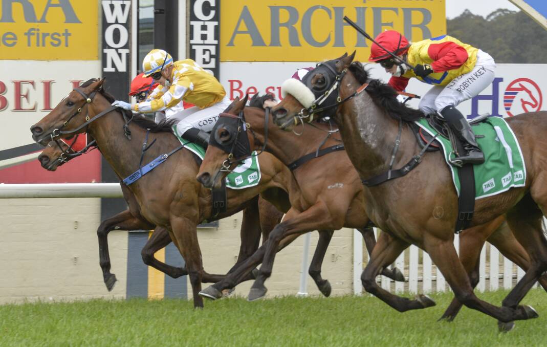 Winona Costin rides Bundchen to a tight victory in the 1200-metre class one handicap at Nowra on Friday. Photo: BradleyPhotos.com.au