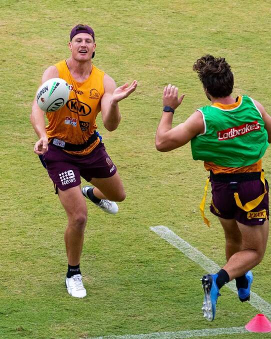 Rhys Kennedy gets a pass away during a recent Brisbane training sessions. Photo: Broncos Media