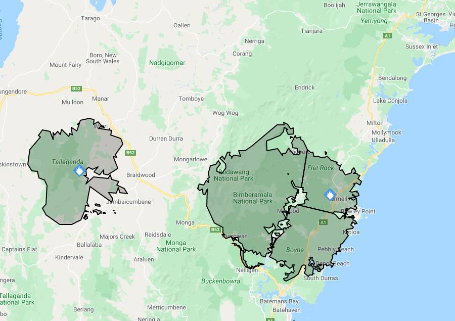 Update: The Currowan fire continues to burn in a northerly direction at 1.20pm on Friday, December 13. Image: Fires Near Me.