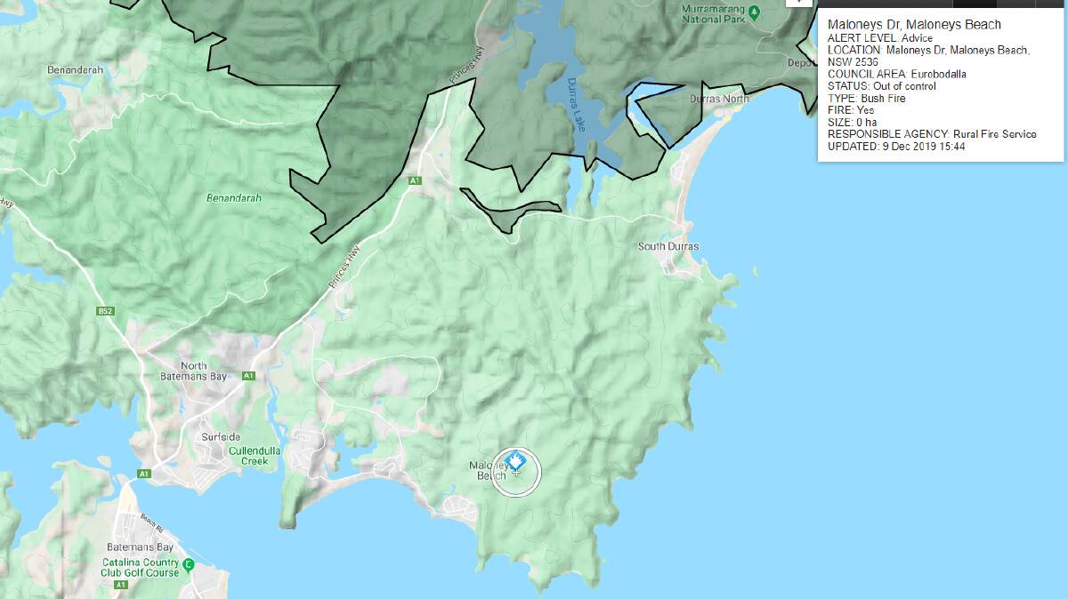A Bushfire at Maloneys Beach listed at an Advice level on the Rural Fire Service's Fires Near Me website at 4pm on December 9. 