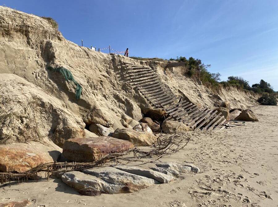 NOT SAFE: Damage to beach access infrastructure caused by coastal erosion recently. Image: Supplied. 