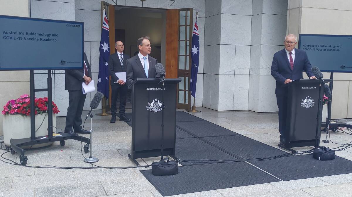 Health Minister Greg Hunt and Prime Minister Scott Morrison make the announcement on Thursday. Picture: Katie Burgess